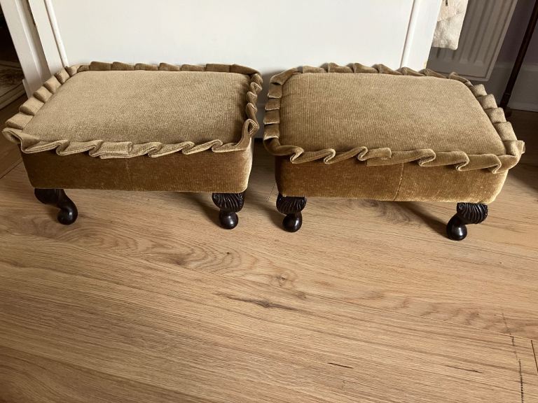 Pair of Vintage 1992 Swanglen Velvet Footstools – Gold/Khaki Draylon Ottomans