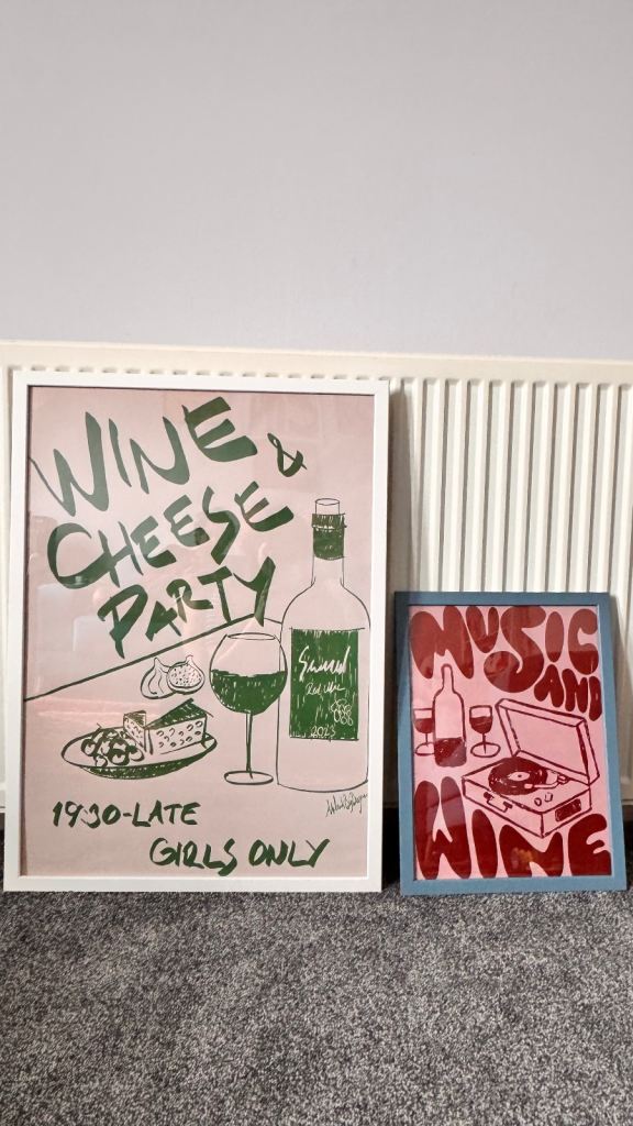 Two Framed Wall Art Pictures – 'Wine & Cheese Party' & 'Music & Wine'