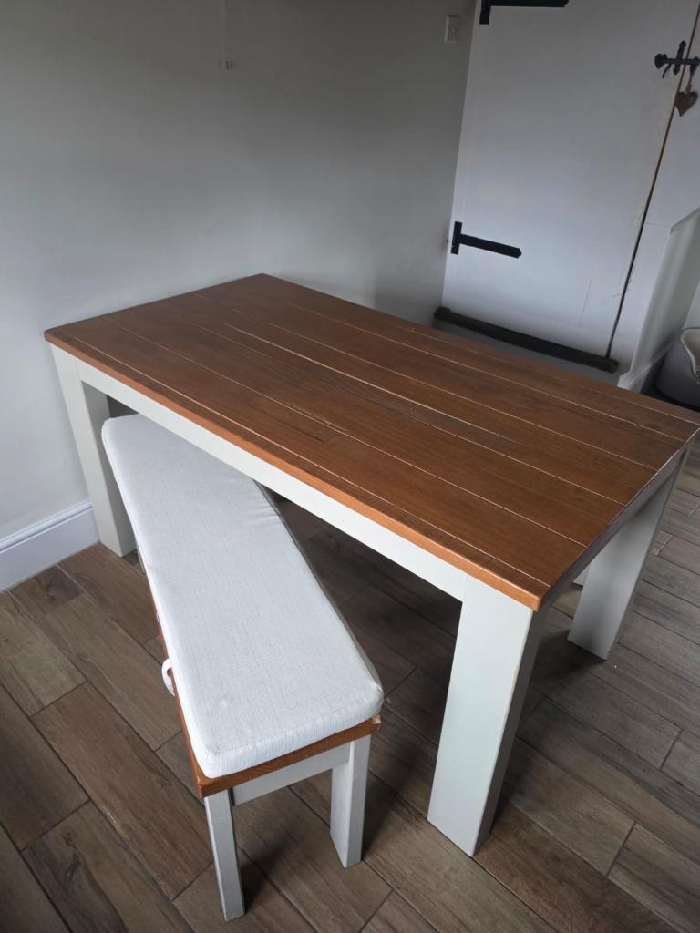 Wooden dinning table, 2 x benches with Seat cushions 