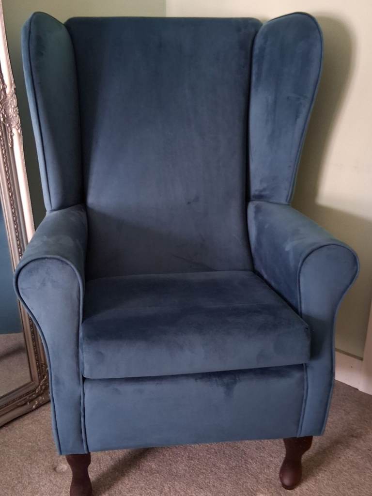 New Blue Velvet Wingback Armchair – Lovely Condition