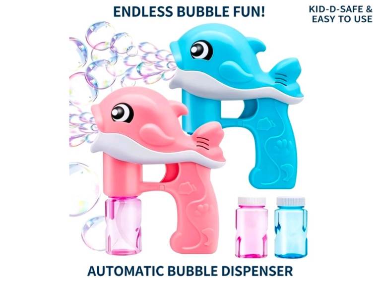 JOYIN 2 Pack Dolphin Bubble Guns – Automatic Makers with 4 Solutions, Blue & Pink