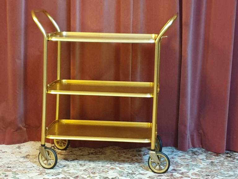 Vintage Mid Century 3 Tier Hostess Trolley Drink Cocktail Gin Bar Cart Gold Coloured