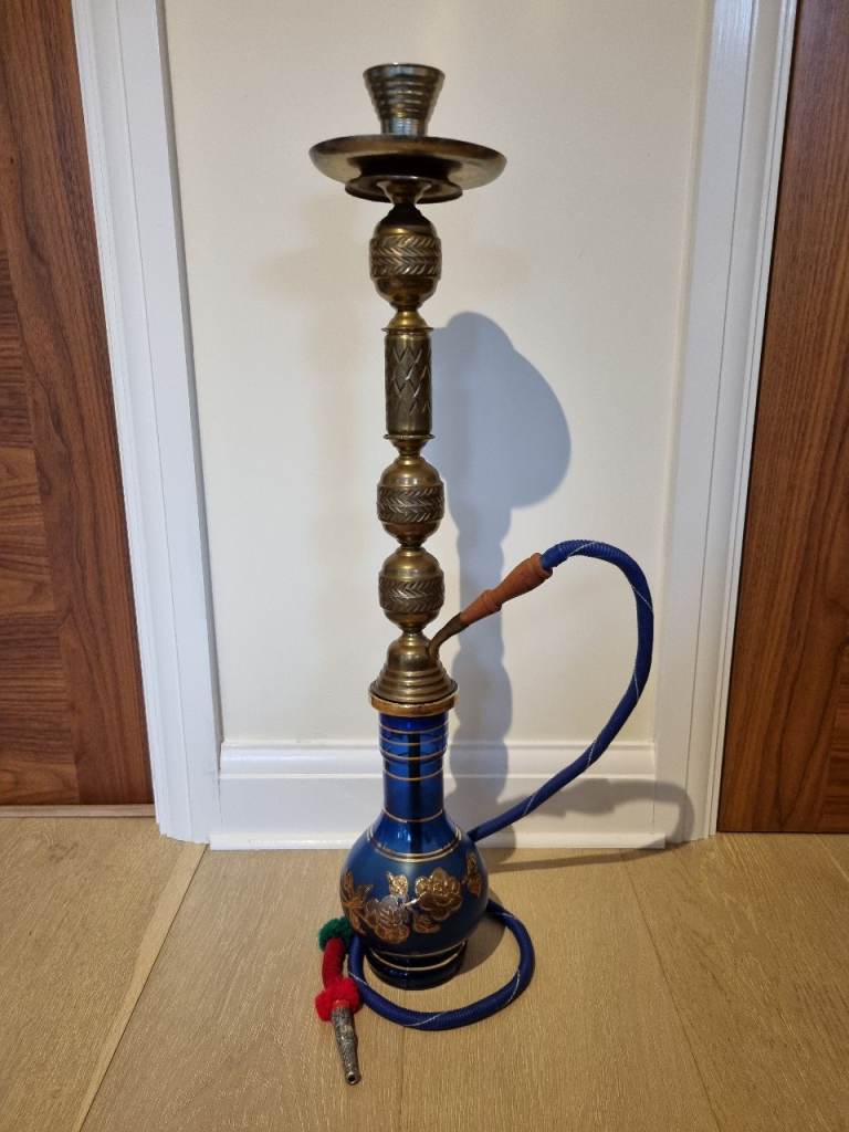 Hookah, ornate brass column with deep blue and gold glass base