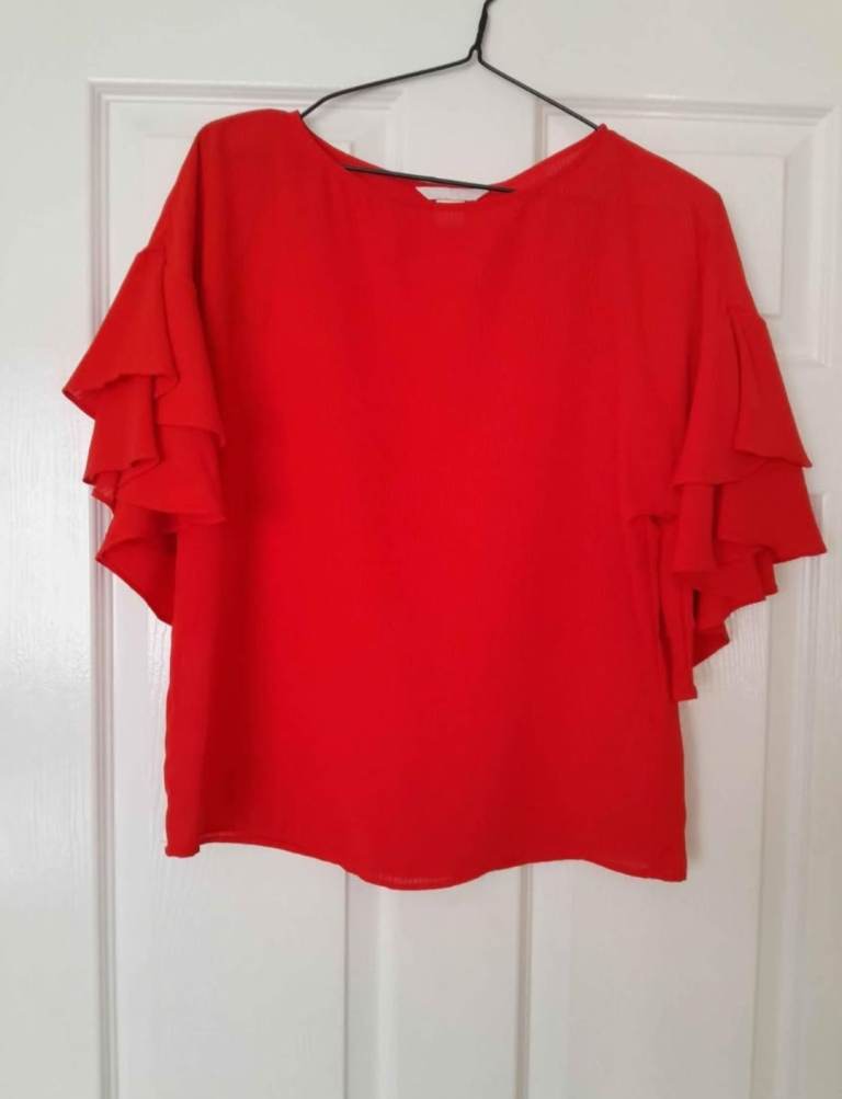 Red Blouse With Frill Ruffle Sleeves 