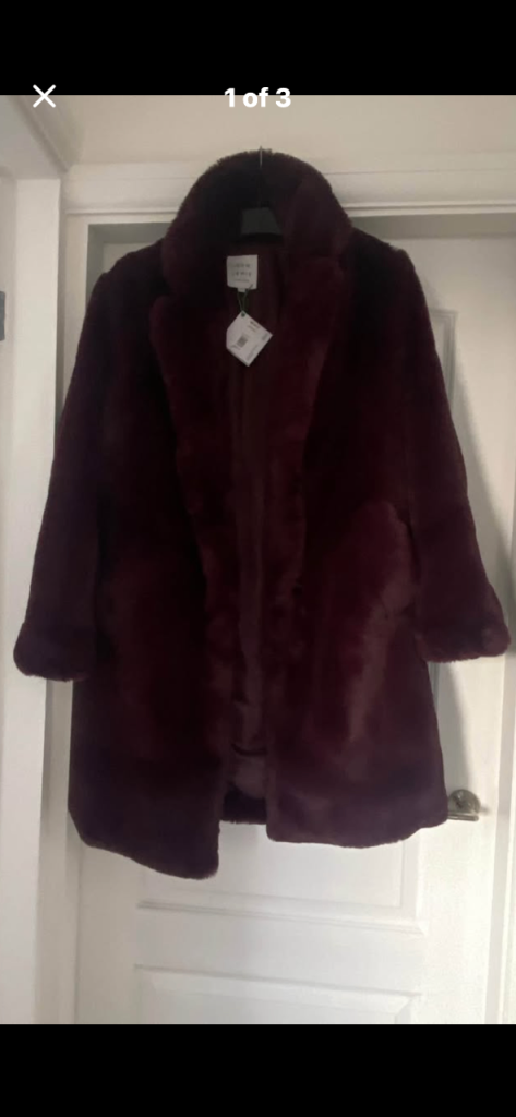 JOHN LEWIS NEW NEVER WORN DARK BURGANDY LUXURY FAUX FUR COAT SIZE 10-12