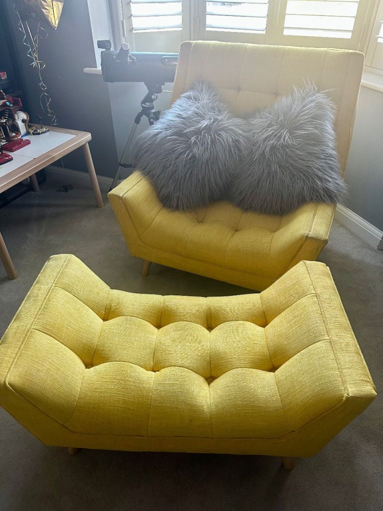 Mustard Yellow Button back Chair & Footstool Set – V Good Condition
