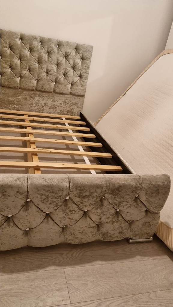 Double Bed Frame Gray Velvet With Diamond Design
