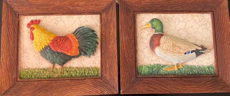2 CERAMIC 3-D CHICKEN AND DUCK WALL DECOR
