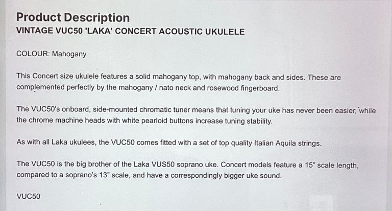 As New, Laka VUC50 Concert Acoustic Ukulele, fitted Chromatic Tuner, With Rotosound Stand