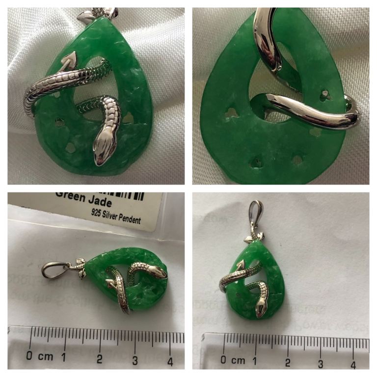 silver 925 Green jade snake serpent pendant silver 925 platinum overlay new 
