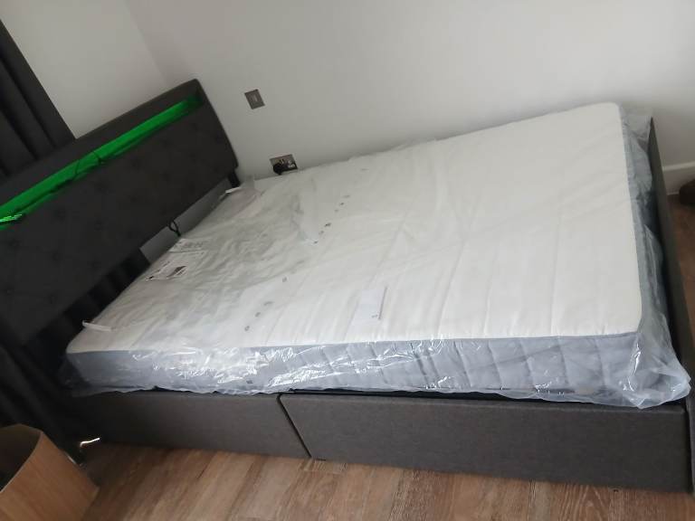 4ft6 Double Size Bed Frame with LED Lights Storage Upholstered Headboard And Charging Station