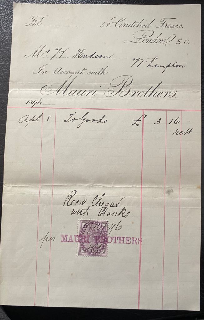 Vintage Mauri Brothers Receipt - April 1896, London E.C.