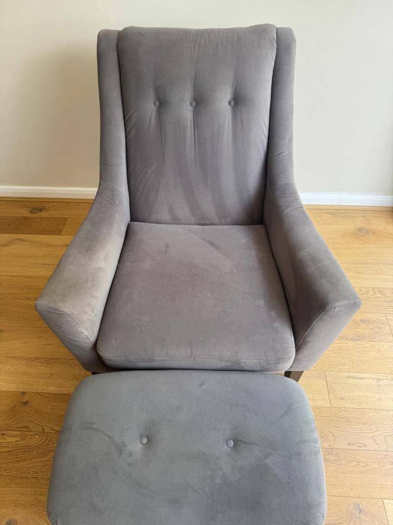 Grey Armchair and Footstool Set – Good Condition