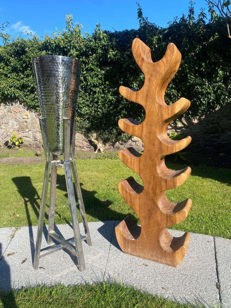 Quirky solid wood wine rack and stainless steel ice bucket and stand