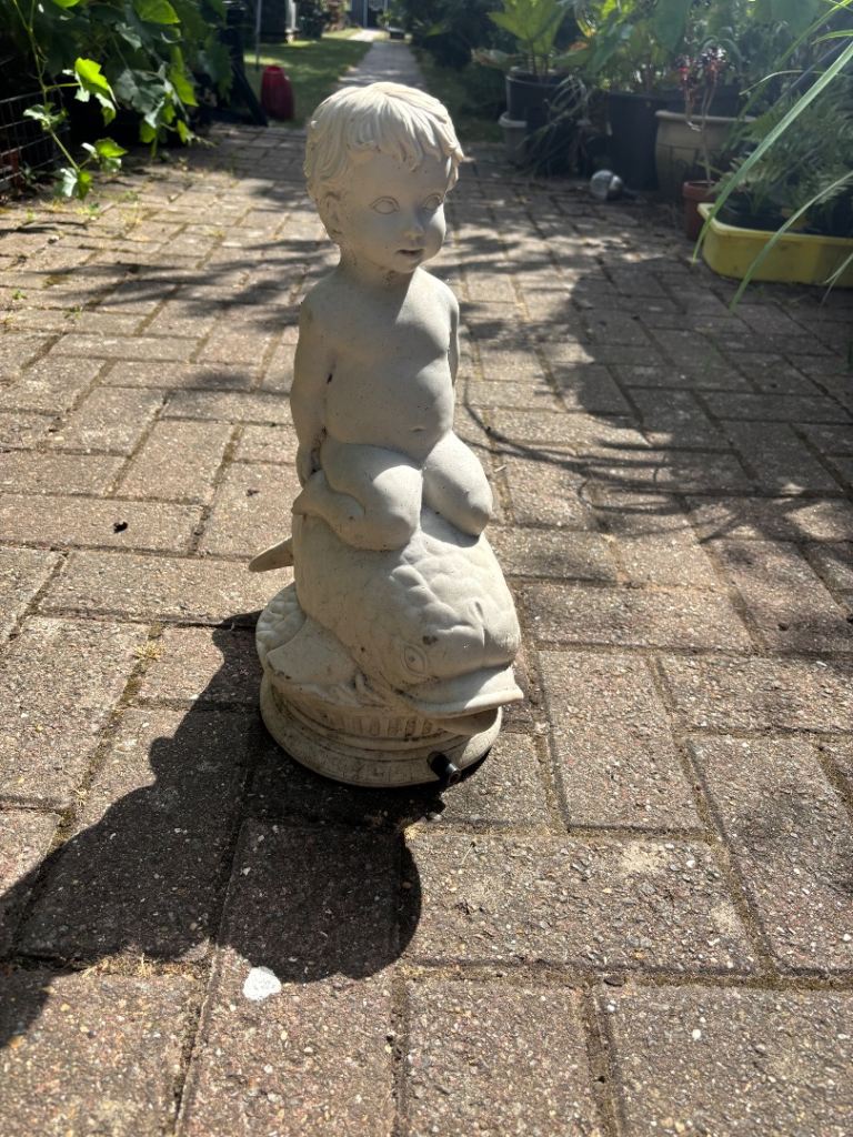 Stone Garden Ornament - Boy Riding Fish Figure