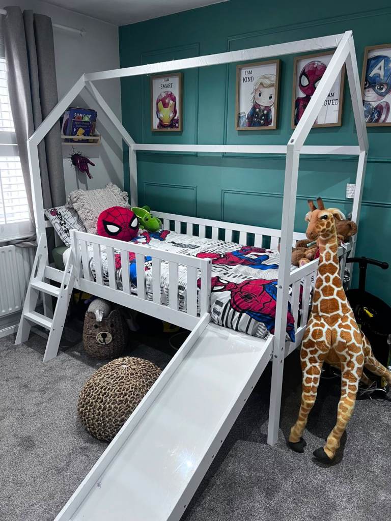 White Kids House Bed with Slide and Ladder – Good Condition