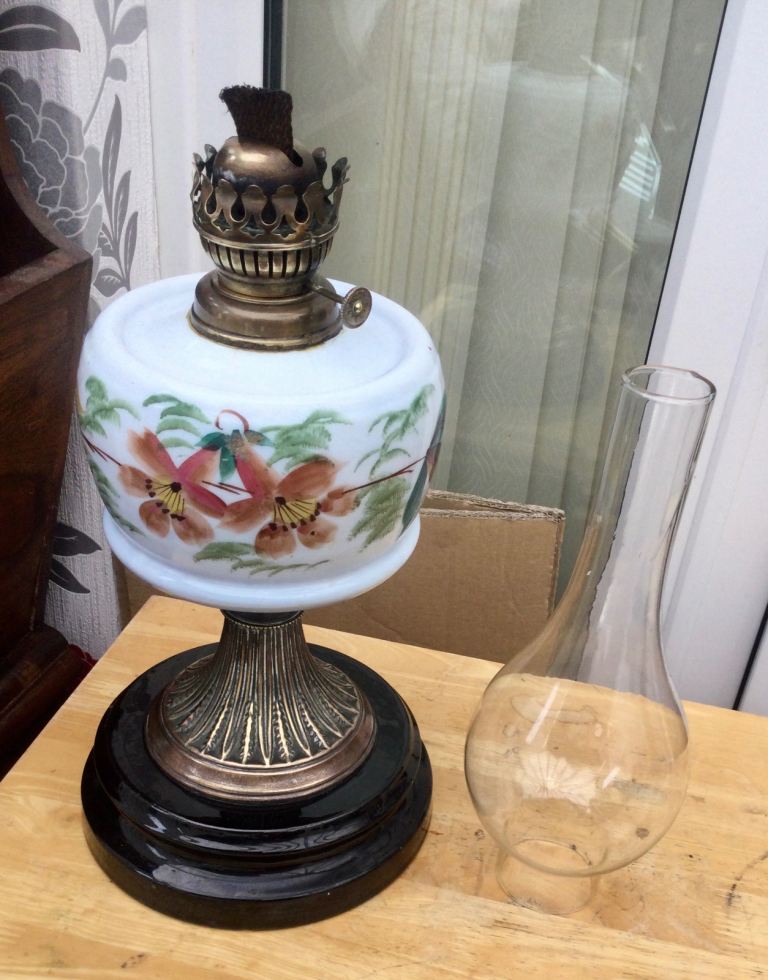  Antique Brass & Hand Painted Ceramic Single Burner Oil Lamp with Glass Funnel