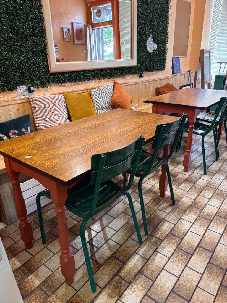 Commercial tables (x2) and 9 x chairs - cafe/restaurant/community centre