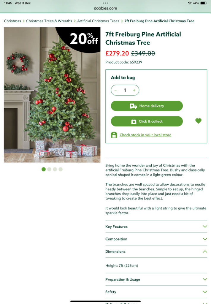 Dobbies Freiburg artificial Christmas tree 7 ft 