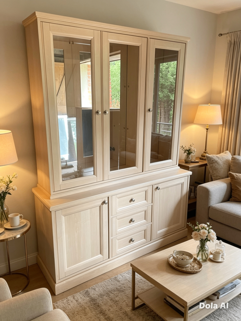 Large Wooden Display Cabinet with Glass Doors and Drawers