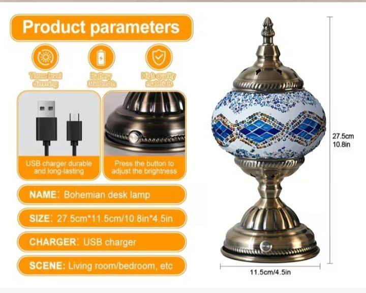 Handmade Turkish Moroccan Mosaic Table Lamp with Bulb Included