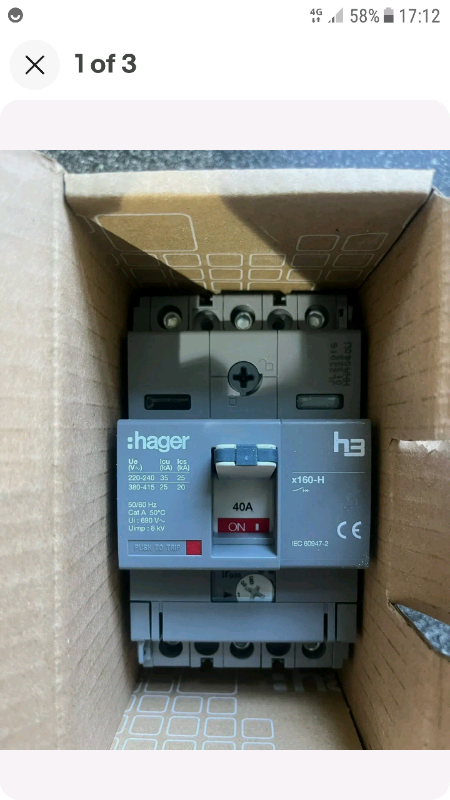 HAGER 40 AMP 25kA TRIPLE POLE MCCB HHA040U 313074 X160