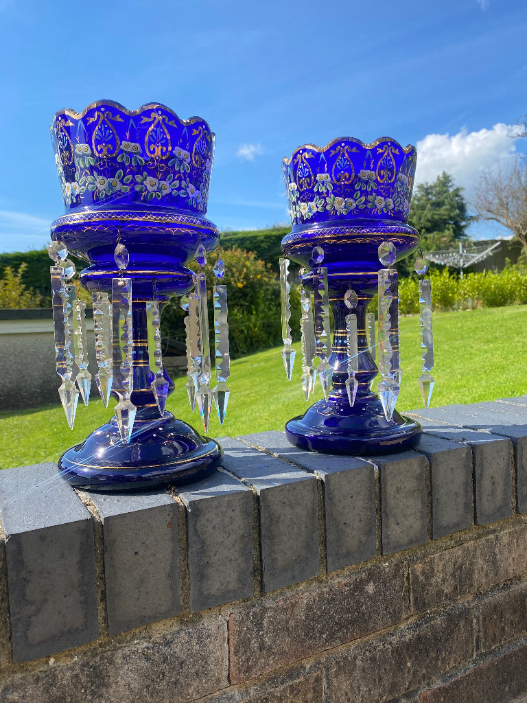 Pair of Antique Bristol Blue Glass Lusters