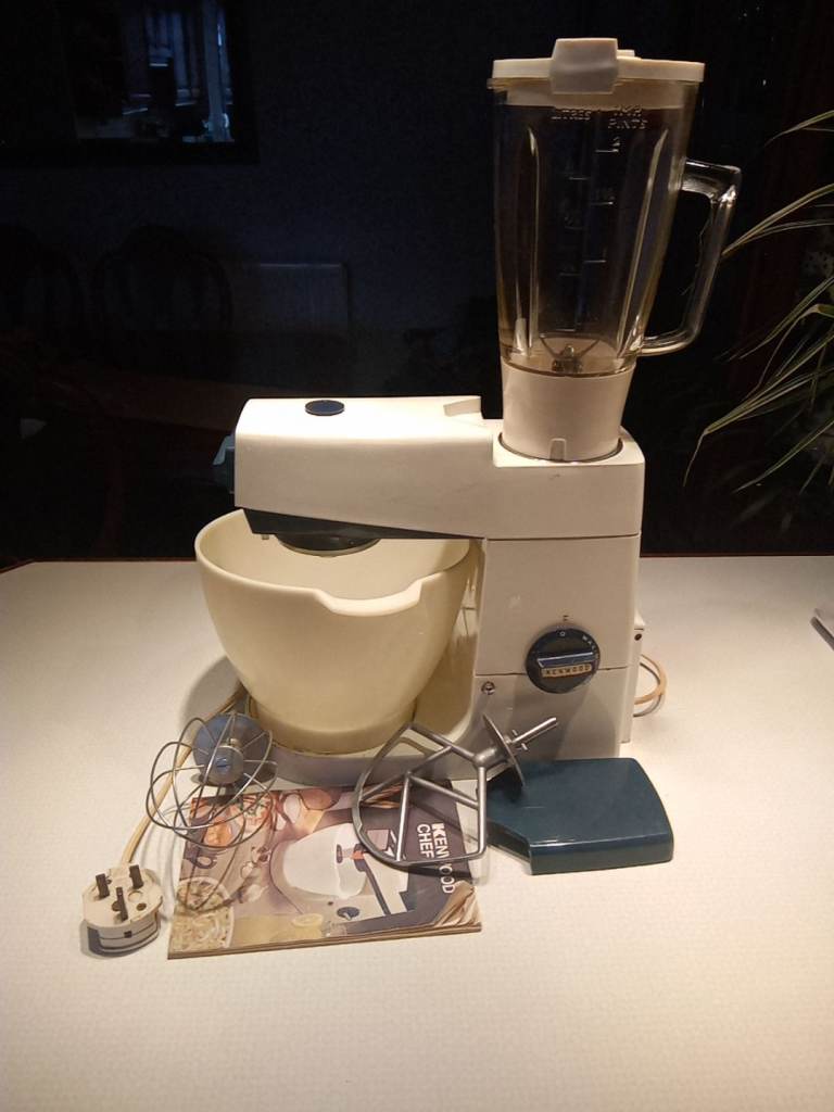 Vintage Kenwood chef with liquidiser attachments and book 