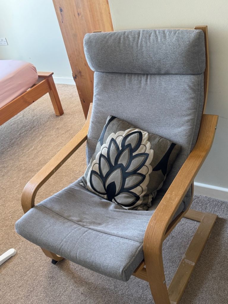 Grey Fabric and Wood Armchair – Good Condition