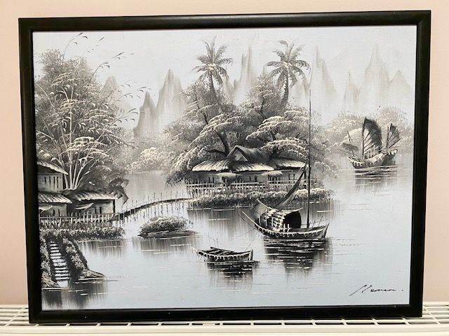VINTAGE ORIGINAL OIL PAINTING ON CANVAS, CHINESE ASIAN JUNK SHIPS HARBOUR FRAMED