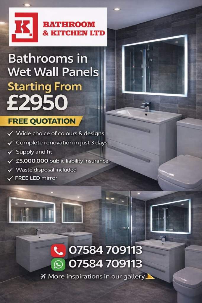 Kitchen and bathroom fitter, wall panels, tiles, plumbing, cheap bathroom and kitchen installation. 
