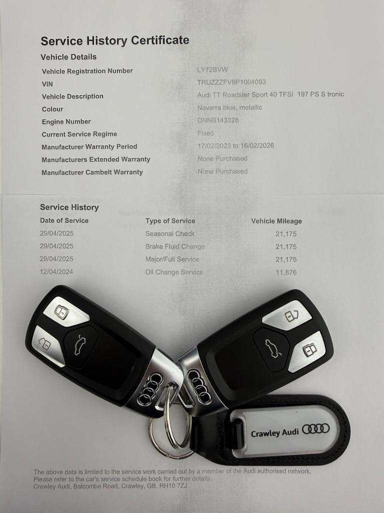 2023 Audi TT 2.0 TFSI 40 Sport Roadster 2dr Petrol S Tronic Euro 6 (s/s) (197 ps) CONVERTIBLE Pet...