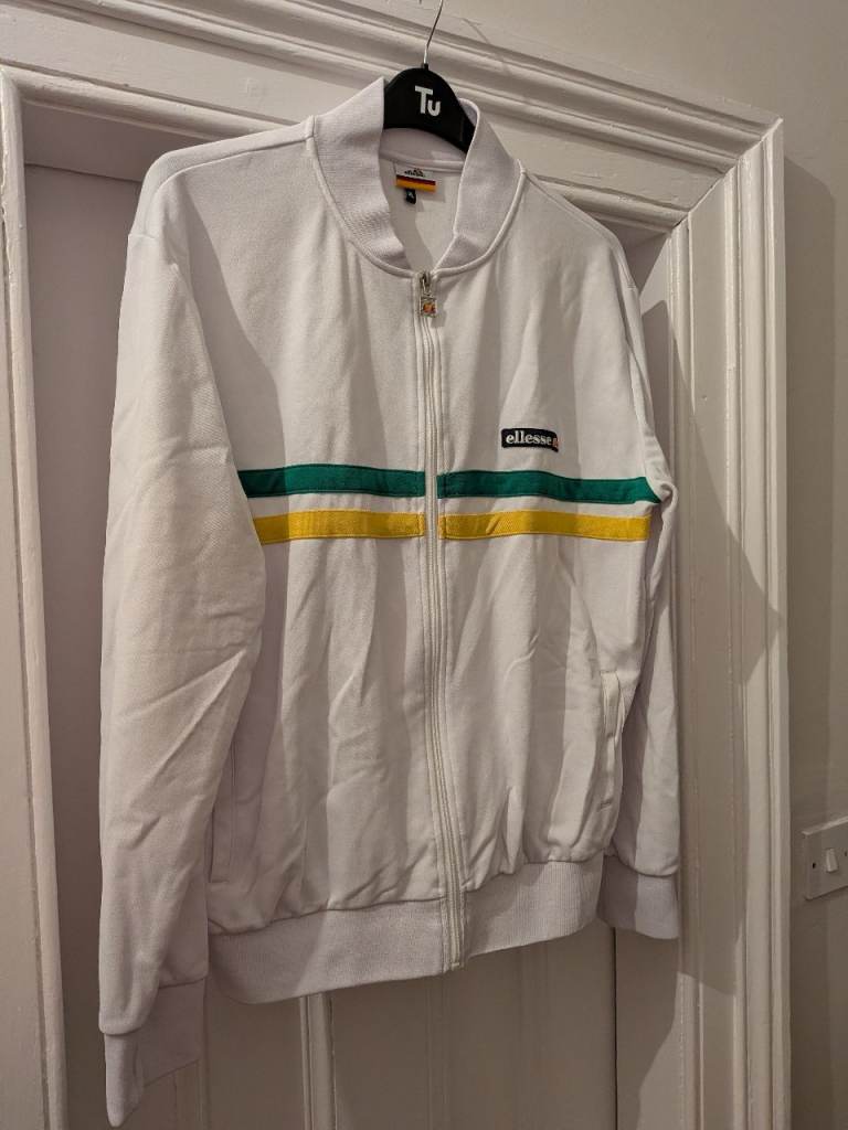 Ellesse retro track jacket - White (with green/yellow stripe), XL
