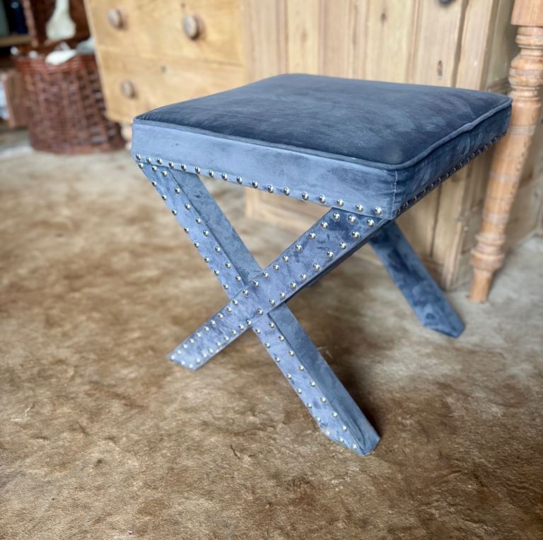 Pale Grey Velvet x-Stool contemporary upholstered dressing
