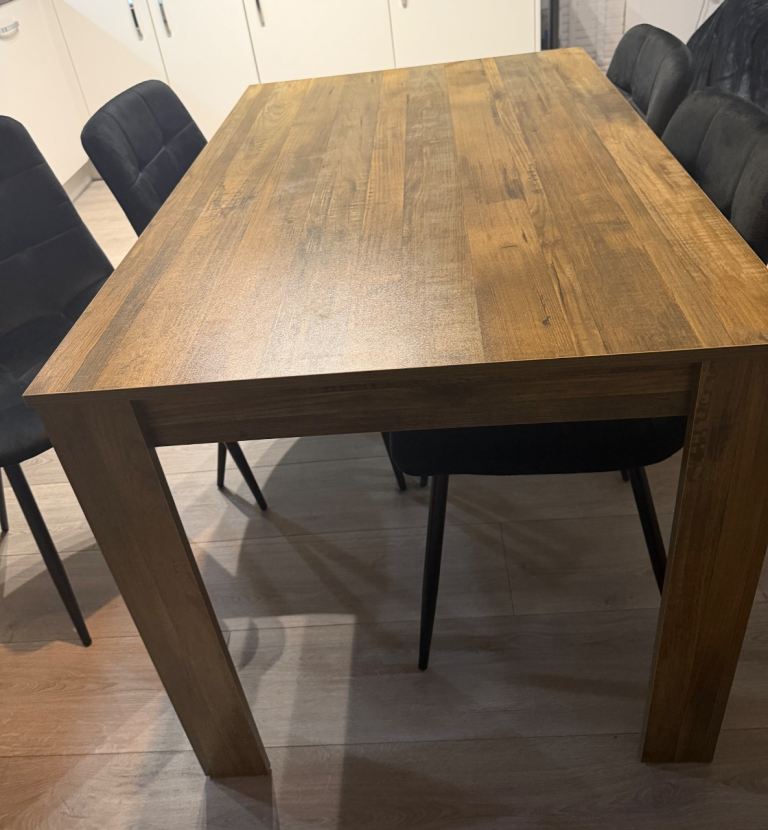 Wooden Dining Table with 4 Black Velvet Chairs in excellent condition – Collection Only