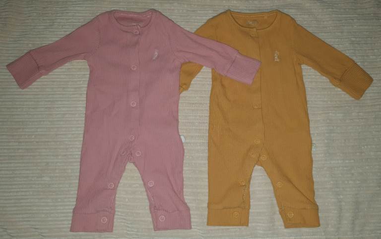 2x NEXT Baby Girls Pink Orange Ribbed Footless Playsuit Sleepsuit First Size