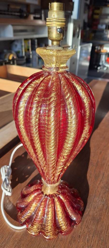 Barovier and Toso, Mid Century Glass Cordonato D'oro Table Lamp, Murano, Italy.