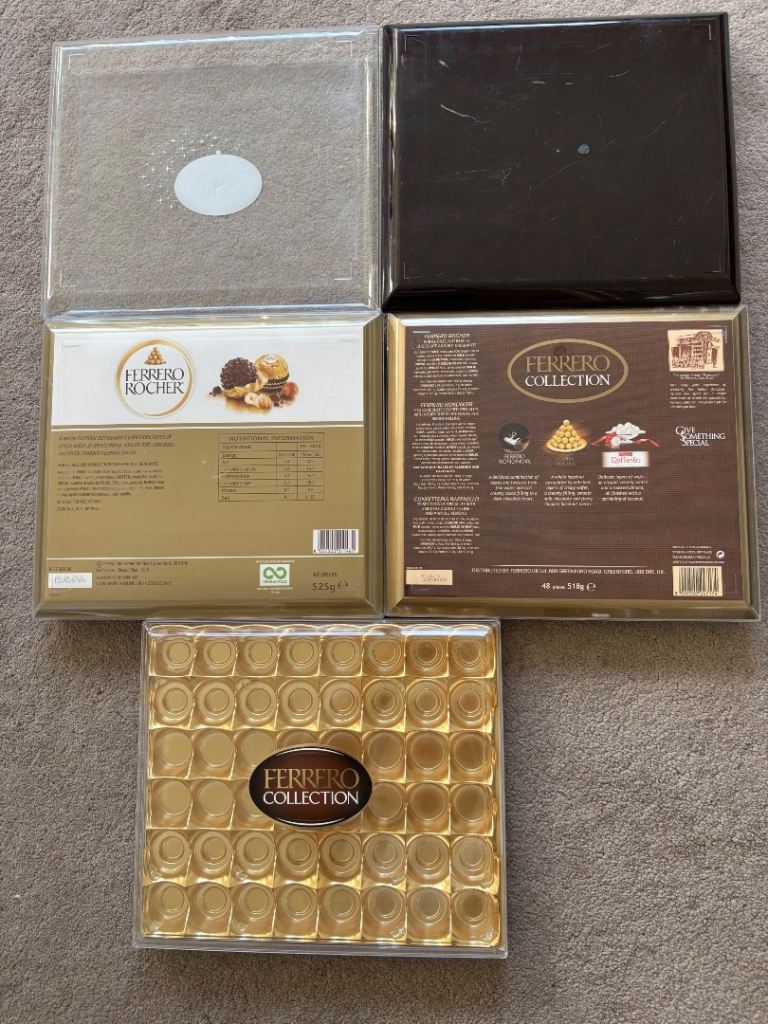 5 empty large Ferrero Rocher boxes. 