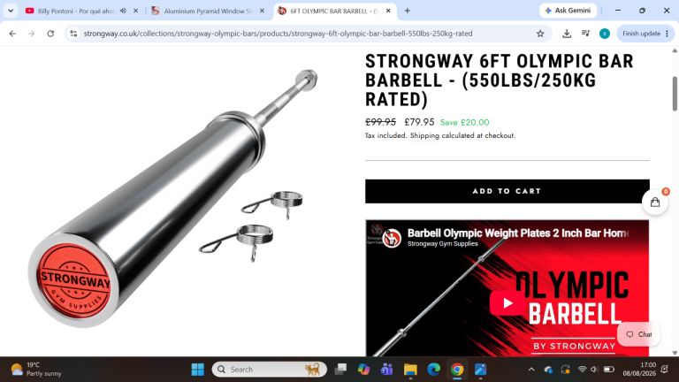STRONGWAY 6FT OLYMPIC BAR BARBELL - 550LBS/250KG RATED + 2plates 20Kg