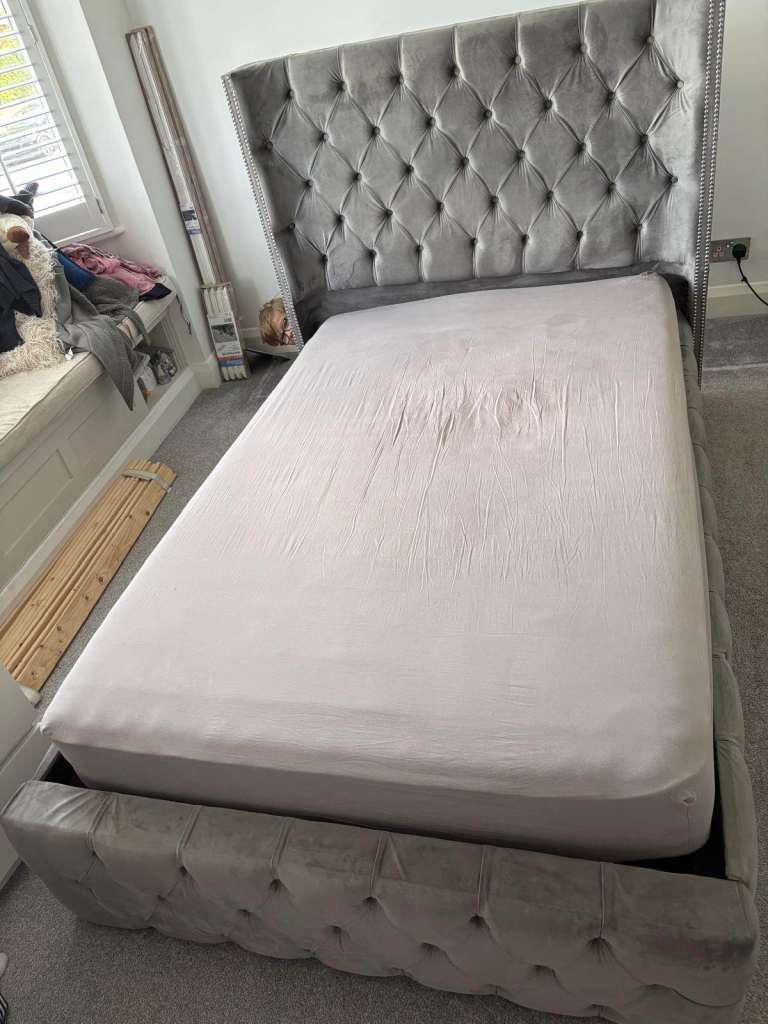 Grey Velvet Chesterfield Style Bed Frame Small Double