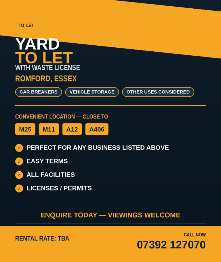 YARD TO LET WITH WASTE LICENSE, Car Breakers, Vehicle Storage, Other Uses Considered, Romford