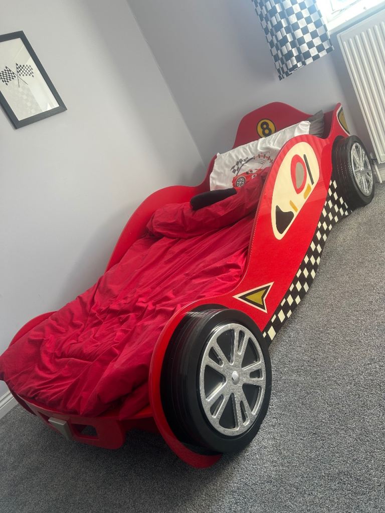 Solid wood childs red racing car bed and mattress 