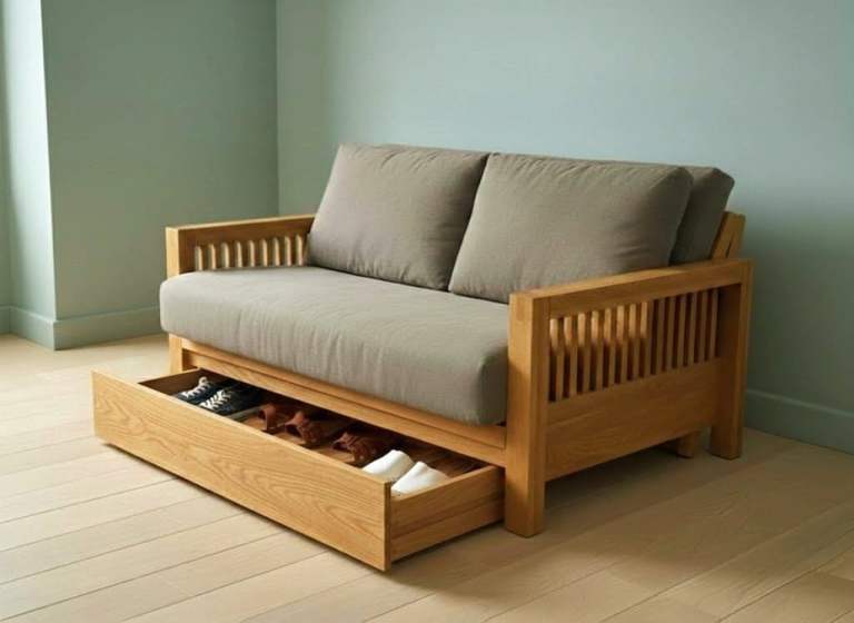futon company Oak Double Sofa Bed Ultimate 3 Panel MATTRESS fabric slight texture storage drawer 