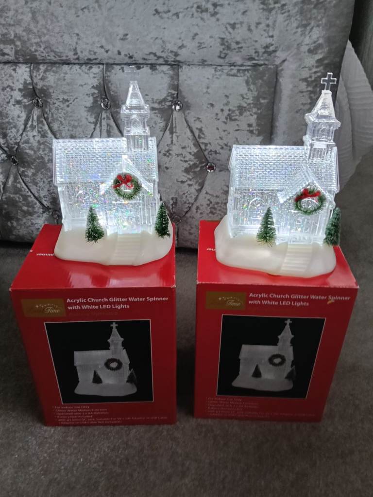 Pair of Acrylic Glitter Water Spinner Churches with LED Lights – New