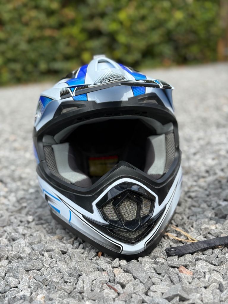 Motocross Helmet and Body Armour Set - Blue/White, Good Condition