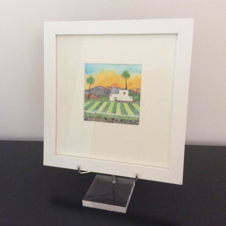 Original watercolour painting - Lanzarote landscape - framed - small 9cm, used