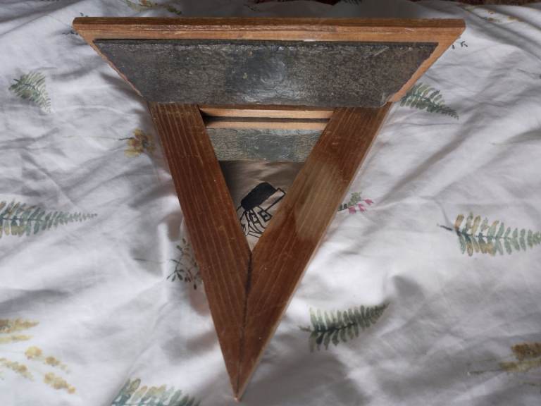 triangular mirror: wood frame w/ slate tray