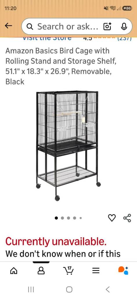 Large birdcage with rolling stand and shelf