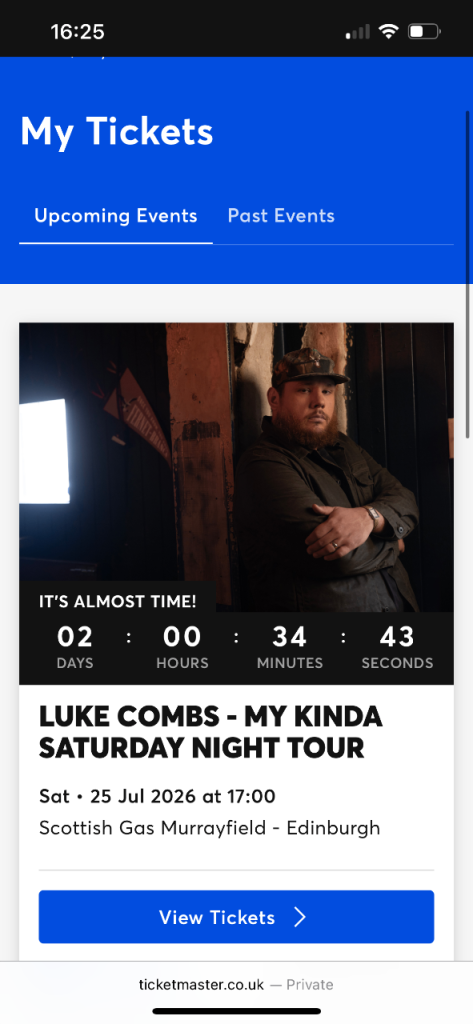 x2 standing Luke Combs - My Kinda Saturday Night Tour Ticket, Edinburgh