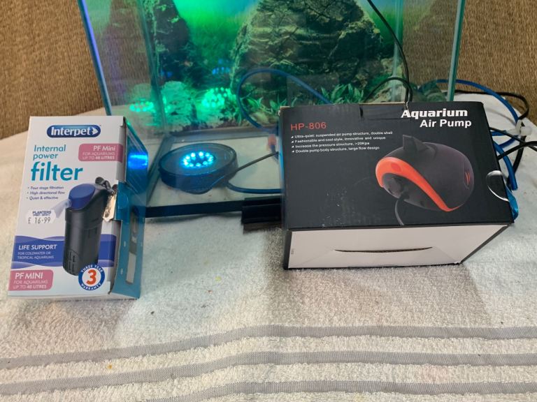 Small Glass Aquarium with Internal Filter and Air Pump